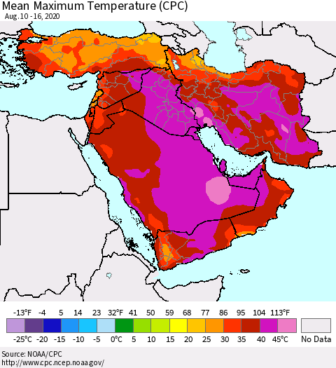 Middle East and Turkey Mean Maximum Temperature (CPC) Thematic Map For 8/10/2020 - 8/16/2020