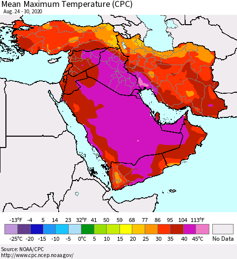 Middle East and Turkey Mean Maximum Temperature (CPC) Thematic Map For 8/24/2020 - 8/30/2020