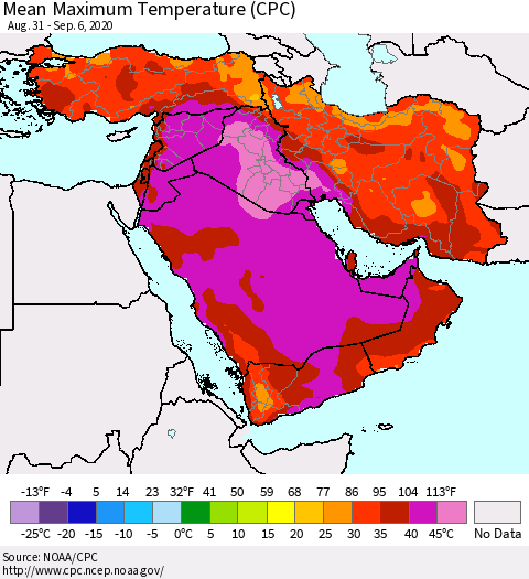 Middle East and Turkey Mean Maximum Temperature (CPC) Thematic Map For 8/31/2020 - 9/6/2020