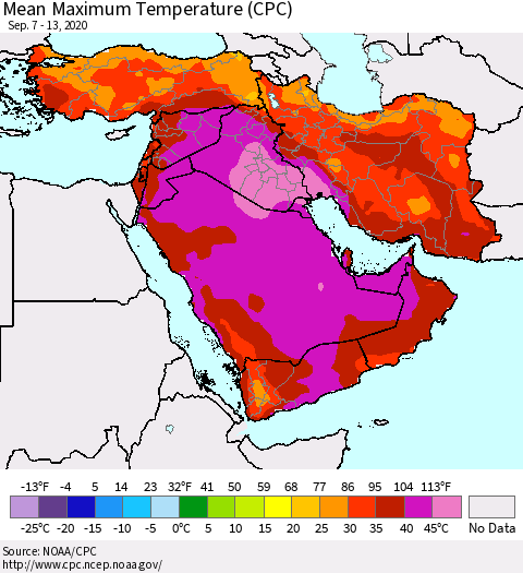 Middle East and Turkey Mean Maximum Temperature (CPC) Thematic Map For 9/7/2020 - 9/13/2020