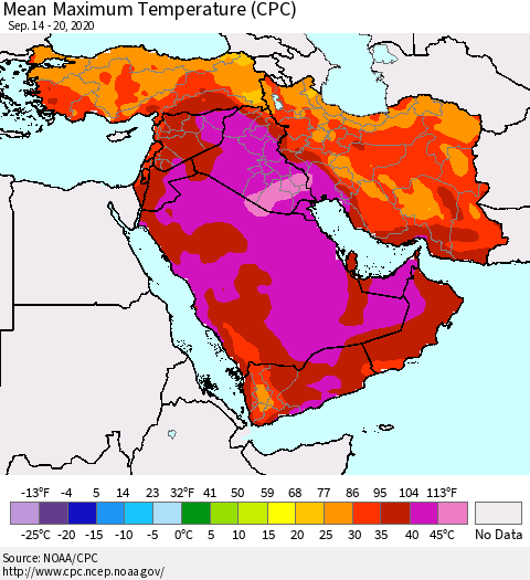 Middle East and Turkey Mean Maximum Temperature (CPC) Thematic Map For 9/14/2020 - 9/20/2020