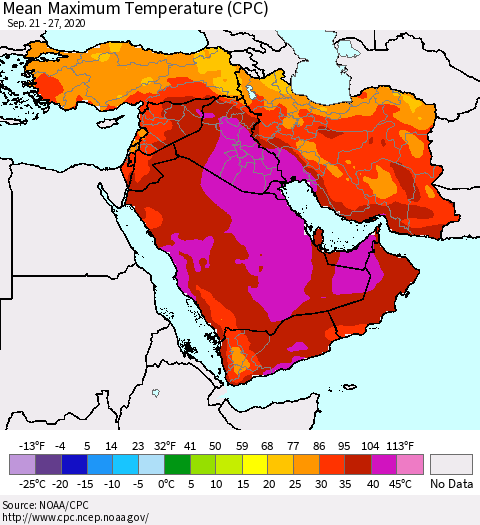 Middle East and Turkey Mean Maximum Temperature (CPC) Thematic Map For 9/21/2020 - 9/27/2020