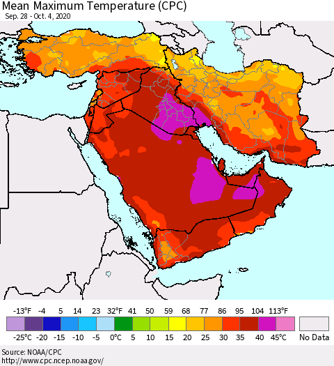 Middle East and Turkey Mean Maximum Temperature (CPC) Thematic Map For 9/28/2020 - 10/4/2020