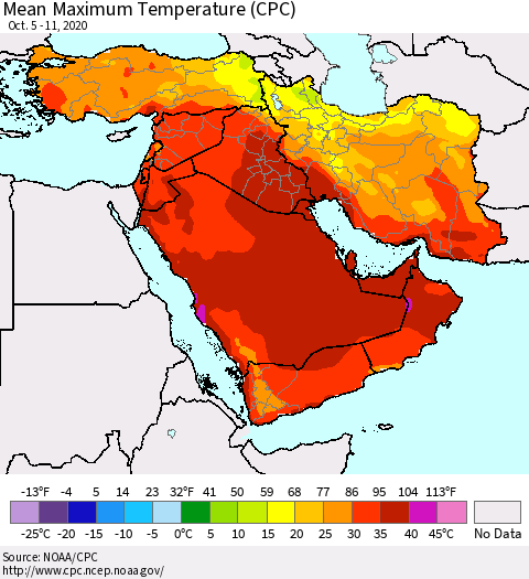 Middle East and Turkey Mean Maximum Temperature (CPC) Thematic Map For 10/5/2020 - 10/11/2020