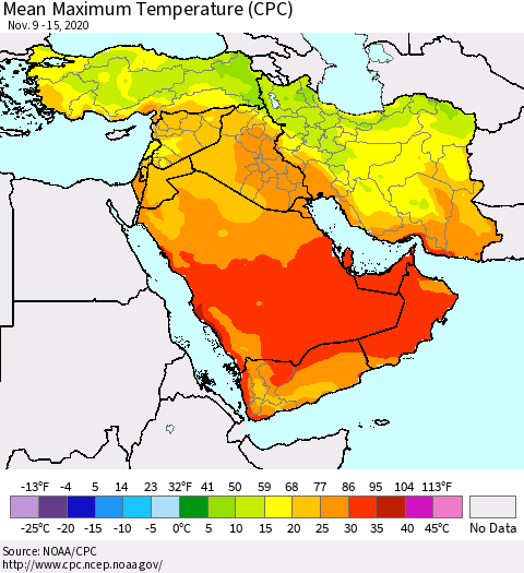 Middle East and Turkey Mean Maximum Temperature (CPC) Thematic Map For 11/9/2020 - 11/15/2020