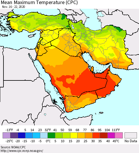 Middle East and Turkey Mean Maximum Temperature (CPC) Thematic Map For 11/16/2020 - 11/22/2020