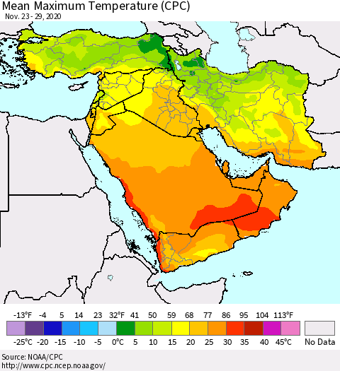 Middle East and Turkey Mean Maximum Temperature (CPC) Thematic Map For 11/23/2020 - 11/29/2020