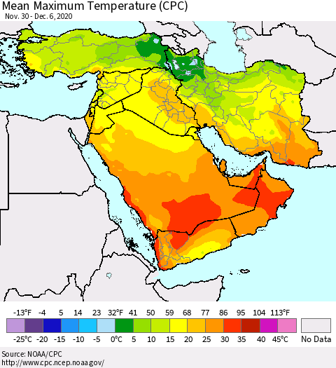 Middle East and Turkey Mean Maximum Temperature (CPC) Thematic Map For 11/30/2020 - 12/6/2020