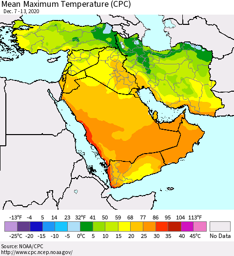 Middle East and Turkey Mean Maximum Temperature (CPC) Thematic Map For 12/7/2020 - 12/13/2020
