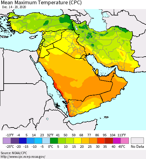 Middle East and Turkey Mean Maximum Temperature (CPC) Thematic Map For 12/14/2020 - 12/20/2020