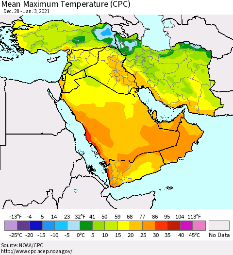 Middle East and Turkey Mean Maximum Temperature (CPC) Thematic Map For 12/28/2020 - 1/3/2021