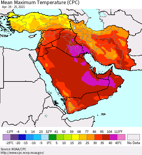 Middle East and Turkey Mean Maximum Temperature (CPC) Thematic Map For 4/19/2021 - 4/25/2021