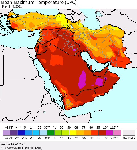 Middle East and Turkey Mean Maximum Temperature (CPC) Thematic Map For 5/3/2021 - 5/9/2021