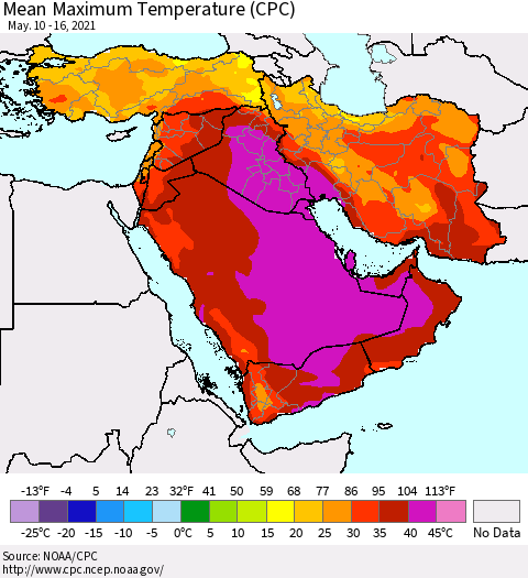 Middle East and Turkey Mean Maximum Temperature (CPC) Thematic Map For 5/10/2021 - 5/16/2021