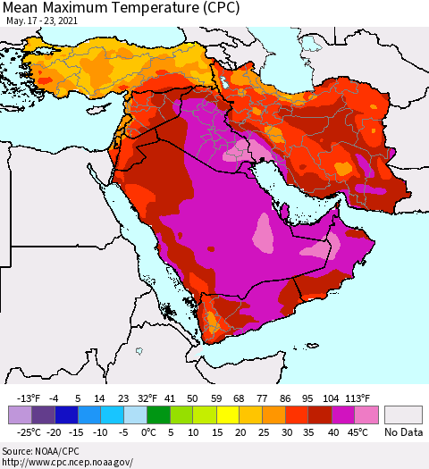 Middle East and Turkey Mean Maximum Temperature (CPC) Thematic Map For 5/17/2021 - 5/23/2021