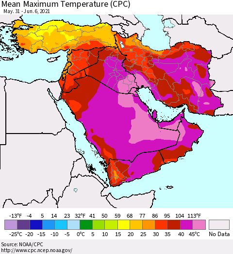 Middle East and Turkey Mean Maximum Temperature (CPC) Thematic Map For 5/31/2021 - 6/6/2021