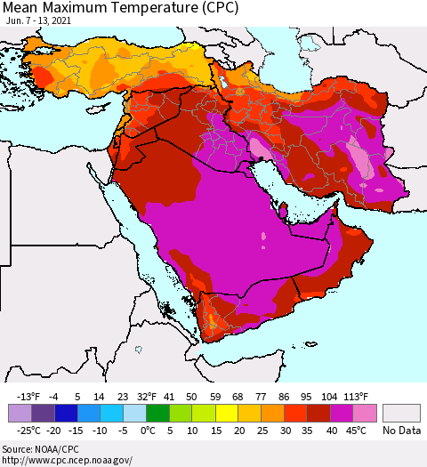 Middle East and Turkey Mean Maximum Temperature (CPC) Thematic Map For 6/7/2021 - 6/13/2021