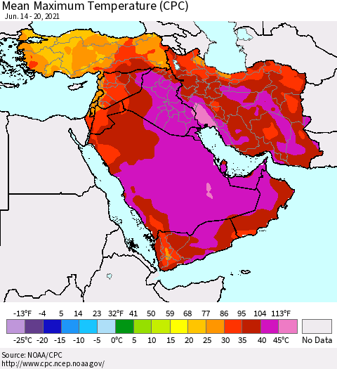 Middle East and Turkey Mean Maximum Temperature (CPC) Thematic Map For 6/14/2021 - 6/20/2021