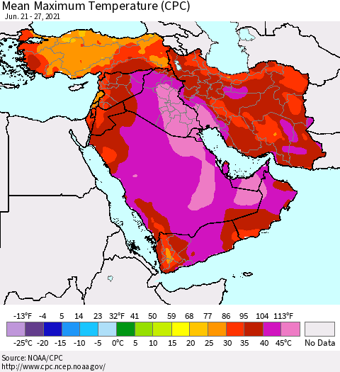 Middle East and Turkey Mean Maximum Temperature (CPC) Thematic Map For 6/21/2021 - 6/27/2021