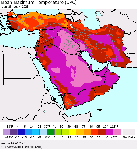 Middle East and Turkey Mean Maximum Temperature (CPC) Thematic Map For 6/28/2021 - 7/4/2021