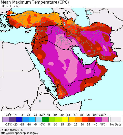 Middle East and Turkey Mean Maximum Temperature (CPC) Thematic Map For 7/5/2021 - 7/11/2021