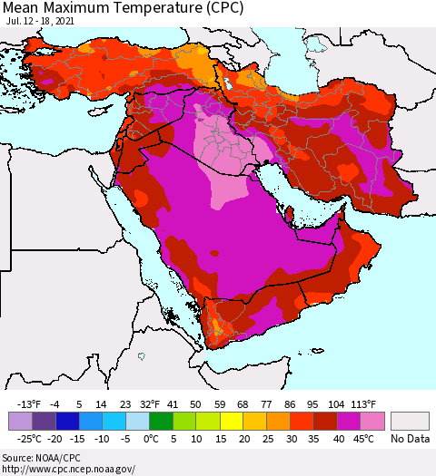 Middle East and Turkey Mean Maximum Temperature (CPC) Thematic Map For 7/12/2021 - 7/18/2021