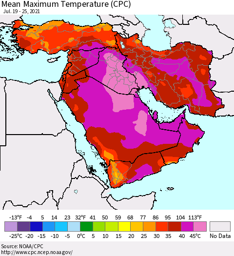 Middle East and Turkey Mean Maximum Temperature (CPC) Thematic Map For 7/19/2021 - 7/25/2021