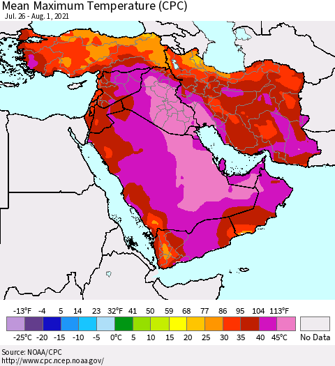 Middle East and Turkey Mean Maximum Temperature (CPC) Thematic Map For 7/26/2021 - 8/1/2021