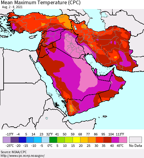 Middle East and Turkey Mean Maximum Temperature (CPC) Thematic Map For 8/2/2021 - 8/8/2021