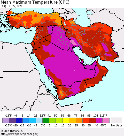 Middle East and Turkey Mean Maximum Temperature (CPC) Thematic Map For 8/16/2021 - 8/22/2021