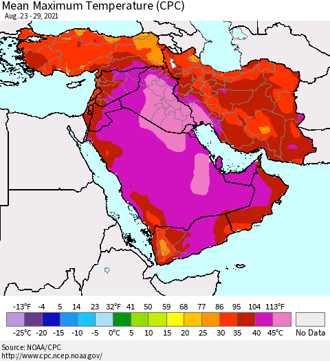 Middle East and Turkey Mean Maximum Temperature (CPC) Thematic Map For 8/23/2021 - 8/29/2021