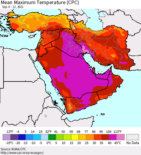 Middle East and Turkey Mean Maximum Temperature (CPC) Thematic Map For 9/6/2021 - 9/12/2021