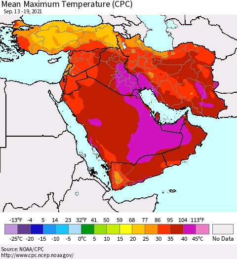 Middle East and Turkey Mean Maximum Temperature (CPC) Thematic Map For 9/13/2021 - 9/19/2021
