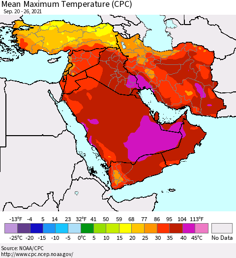 Middle East and Turkey Mean Maximum Temperature (CPC) Thematic Map For 9/20/2021 - 9/26/2021