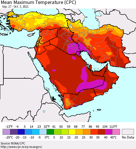 Middle East and Turkey Mean Maximum Temperature (CPC) Thematic Map For 9/27/2021 - 10/3/2021
