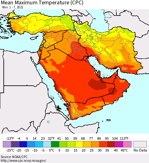 Middle East and Turkey Mean Maximum Temperature (CPC) Thematic Map For 11/1/2021 - 11/7/2021