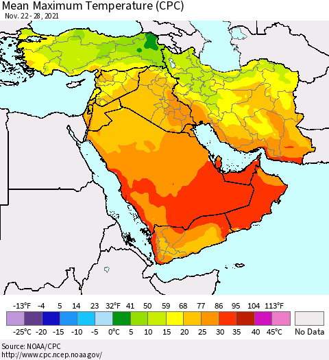 Middle East and Turkey Mean Maximum Temperature (CPC) Thematic Map For 11/22/2021 - 11/28/2021