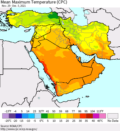 Middle East and Turkey Mean Maximum Temperature (CPC) Thematic Map For 11/29/2021 - 12/5/2021