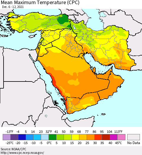 Middle East and Turkey Mean Maximum Temperature (CPC) Thematic Map For 12/6/2021 - 12/12/2021