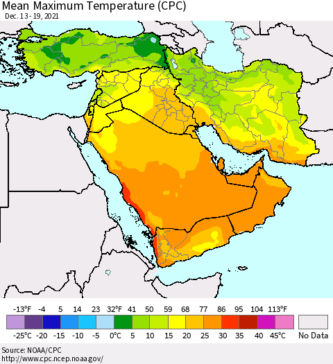 Middle East and Turkey Mean Maximum Temperature (CPC) Thematic Map For 12/13/2021 - 12/19/2021