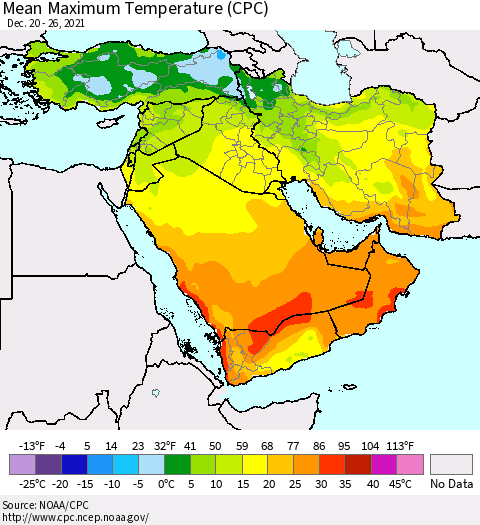 Middle East and Turkey Mean Maximum Temperature (CPC) Thematic Map For 12/20/2021 - 12/26/2021