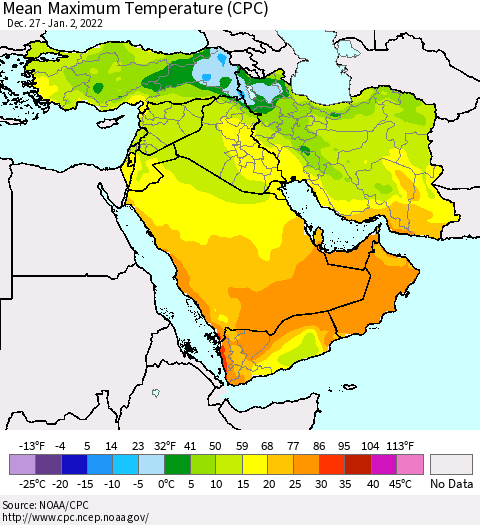 Middle East and Turkey Mean Maximum Temperature (CPC) Thematic Map For 12/27/2021 - 1/2/2022