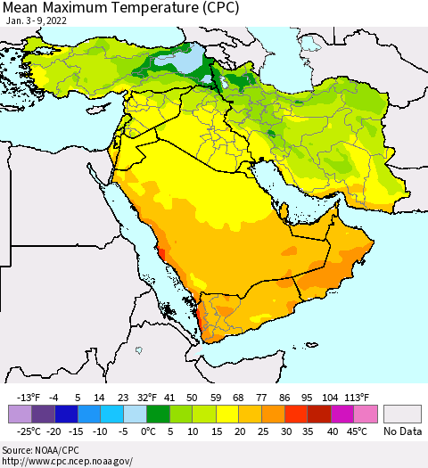 Middle East and Turkey Mean Maximum Temperature (CPC) Thematic Map For 1/3/2022 - 1/9/2022