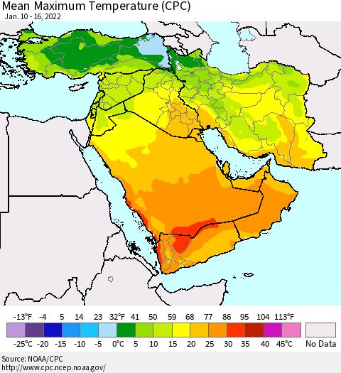 Middle East and Turkey Mean Maximum Temperature (CPC) Thematic Map For 1/10/2022 - 1/16/2022