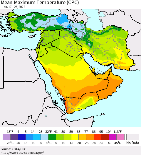 Middle East and Turkey Mean Maximum Temperature (CPC) Thematic Map For 1/17/2022 - 1/23/2022