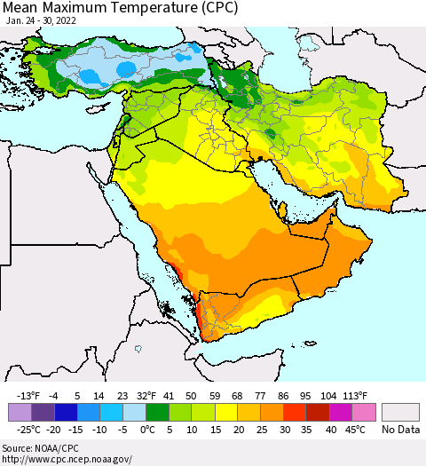 Middle East and Turkey Mean Maximum Temperature (CPC) Thematic Map For 1/24/2022 - 1/30/2022