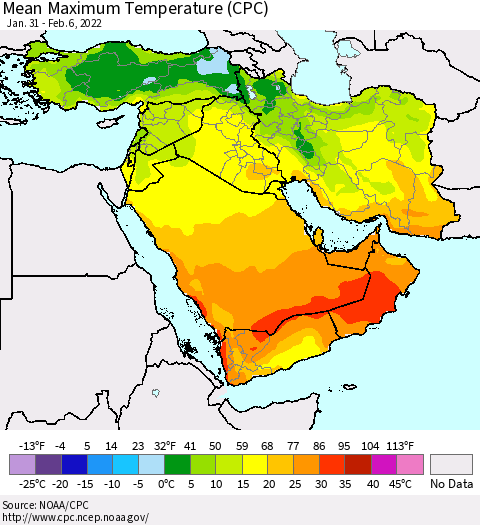 Middle East and Turkey Mean Maximum Temperature (CPC) Thematic Map For 1/31/2022 - 2/6/2022