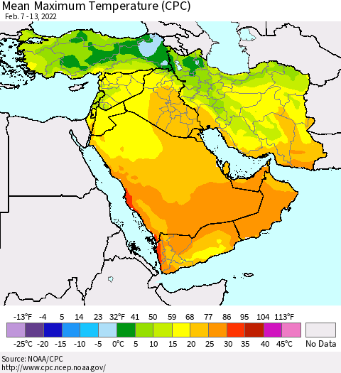 Middle East and Turkey Mean Maximum Temperature (CPC) Thematic Map For 2/7/2022 - 2/13/2022