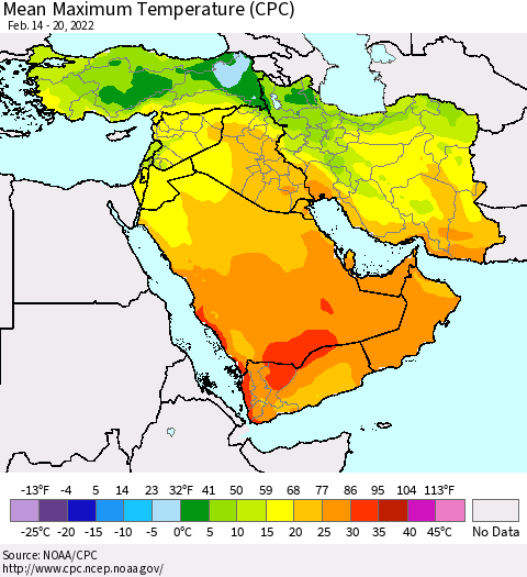 Middle East and Turkey Mean Maximum Temperature (CPC) Thematic Map For 2/14/2022 - 2/20/2022