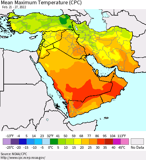 Middle East and Turkey Mean Maximum Temperature (CPC) Thematic Map For 2/21/2022 - 2/27/2022